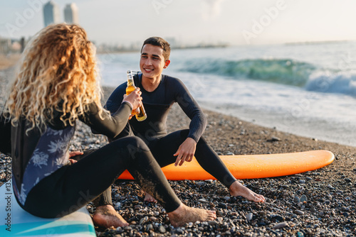 Photography Happy young people, friends enjoying summer vacation with drink and surf at the