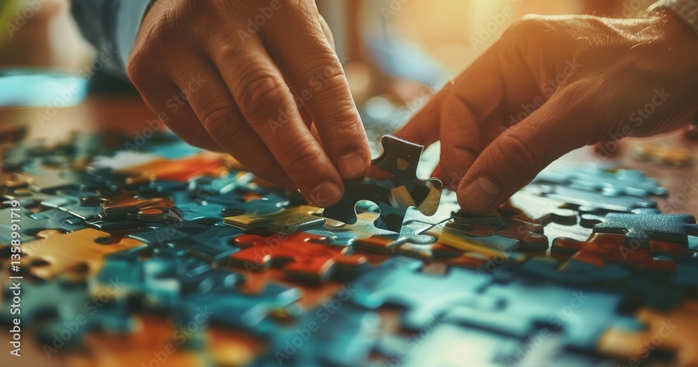 Hands assembling a colorful jigsaw puzzle Hands assembling a colorful jigsaw puzzle