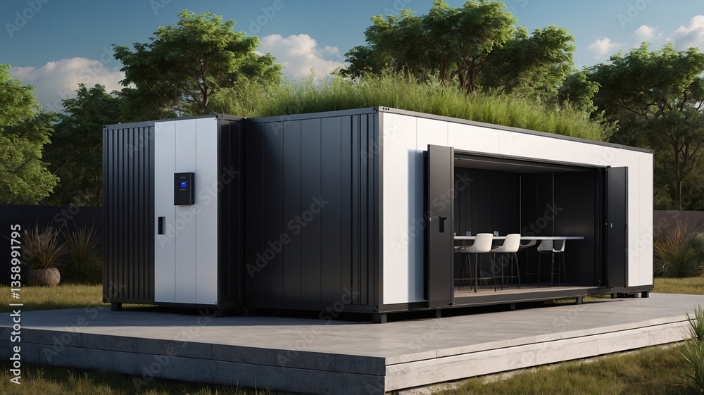 A modern, sleek, eco-friendly cabin with a green roof, set in a serene outdoor environment. A modern, sleek, eco-friendly cabin with a green roof, set in a serene outdoor environment.