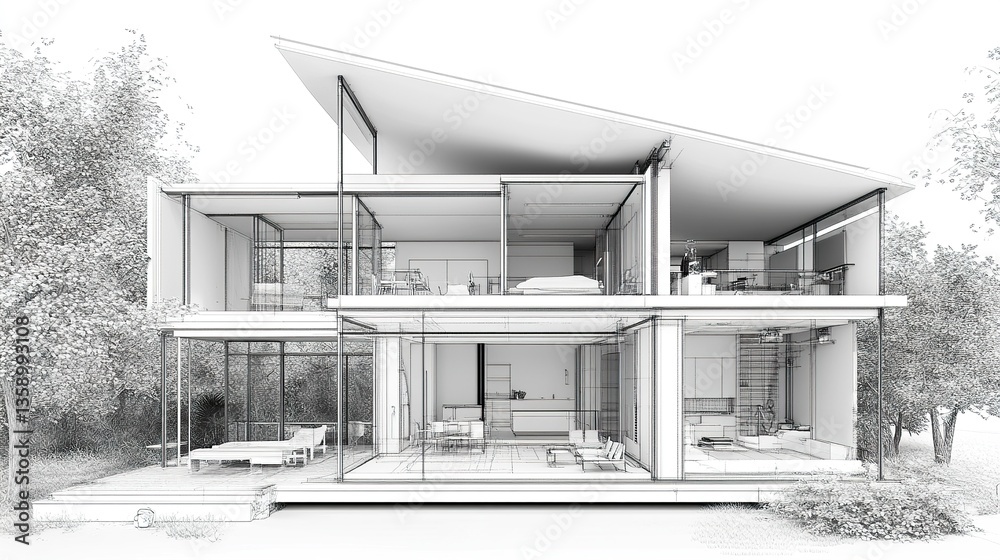 A photorealistic blueprint clipart of a cozy yet modern home, with clean, minimalist cross-section visuals and subtle structural detailing, on a white background.
