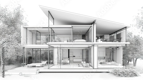 Obraz na płótnie A photorealistic blueprint clipart of a cozy yet modern home, with clean, minimalist cross-section visuals and subtle structural detailing, on a white background. w salonie
