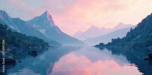 3D render of a serene fantasy landscape with mountains reflected in calm waters, creating a zen ambiance Abstract background with a mystical skyline,  mountains,  panorama