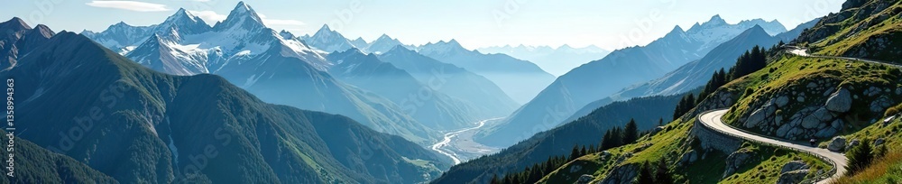 Winding mountain pass with breathtaking views of snowcapped peaks, lush valleys, and winding roads, nature photography, pass Winding mountain pass with breathtaking views of snowcapped peaks, lush valleys, and winding roads, nature photography, pass