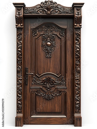 A photorealistic wooden door with intricate carved motifs, a deep walnut finish, and decorative borders, isolated on a white background 
