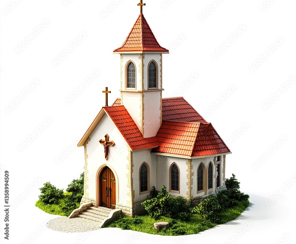 Fototapeta premium A picturesque 3D church building with a red roof, tall bell tower, and cross at the peak, isolated on a crisp white background. 
