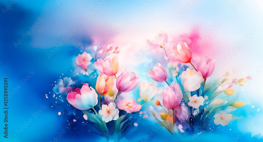 Obraz premium Dreamy watercolor floral art featuring pink and white tulips with soft petals blooming against a vibrant blue and pink backdrop.