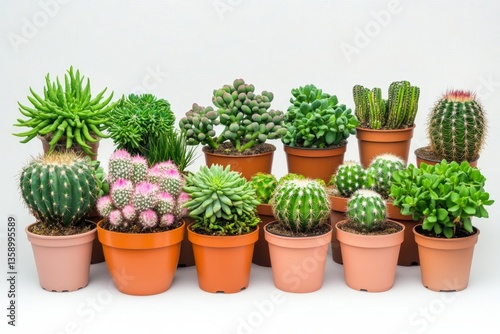 A Delightful Collection of Succulents and Cacti in Pots. A Vibrant Display of Desert Plants. 