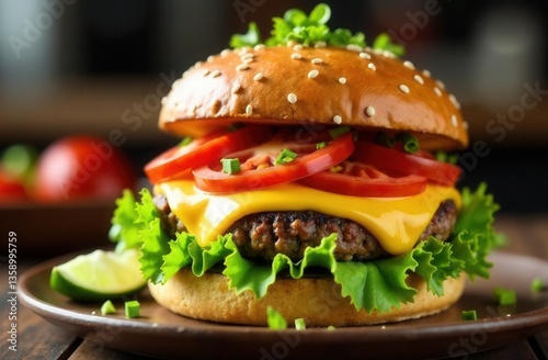 Big hamburger with beef and vegetables on plate, close up