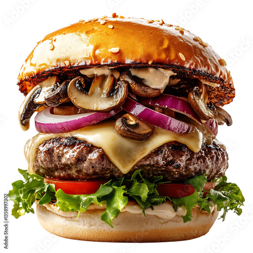 A Fresh Burger with Melted Swiss Cheese and Mushrooms Isolated on Transparent Background