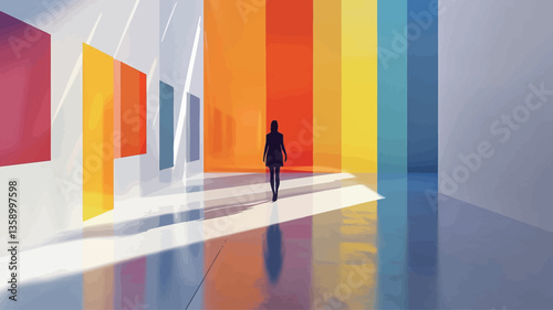 The image depicts a digital rendering of a minimalist, abstract interior space. A single, dark silhouette of a person is walking down a corridor defined by brightly colored vertical panels