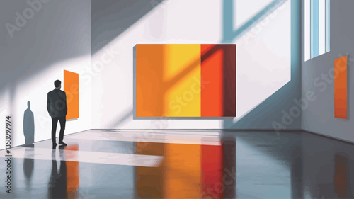 The image shows a minimalist interior of a modern art gallery. The space is bright, with sunlight streaming through large windows, casting shadows on the floor. A man stands with his back to the