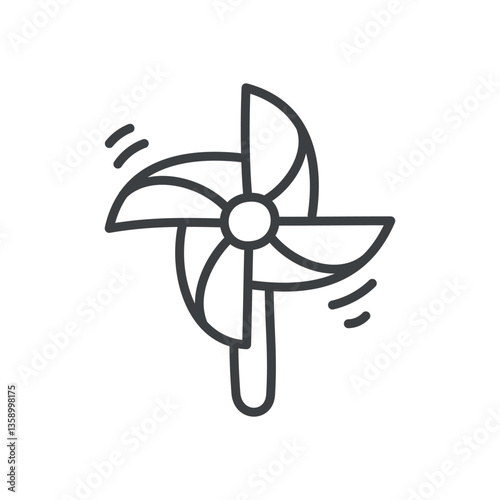Cute pinwheel icon. Hand drawn monochrome illustration of a paper windmill toy isolated on a white background. Kawaii sticker. Vector 10 EPS.