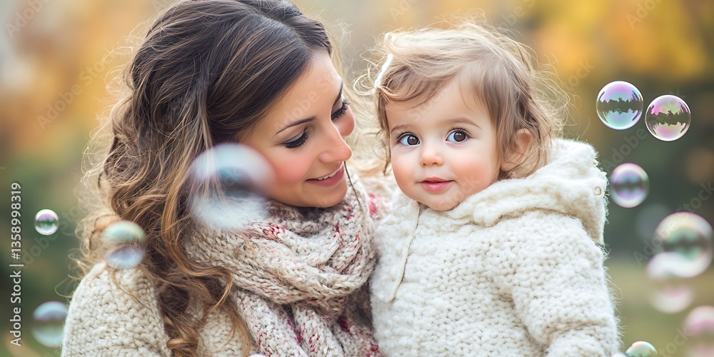 Obraz premium Smiling mother holding child with floating bubbles around them
