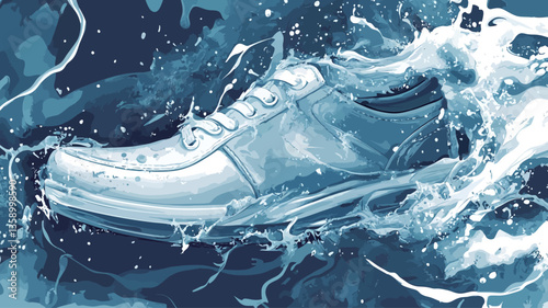 Close-up stylized illustration of a white athletic shoe splashing through water. The image is predominantly blue and white, with an abstract, dynamic depiction of water movement around the shoe.