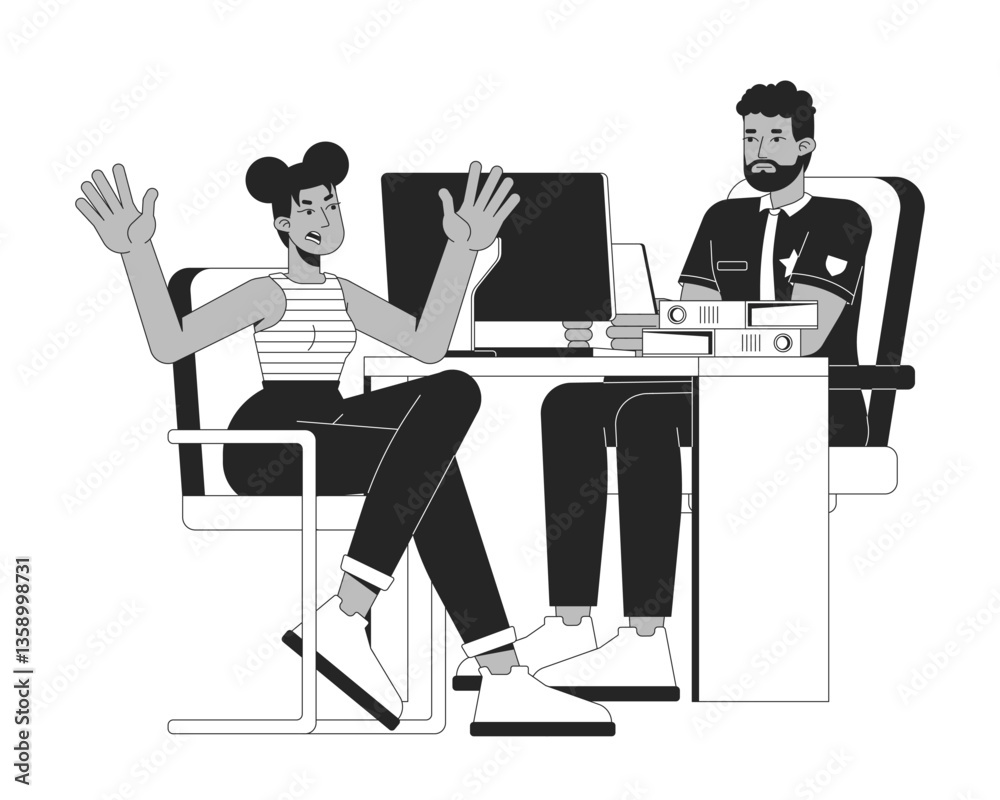 custom made wallpaper toronto digitalEmotional victim reporting crime to police officer 2D line characters. Distressed black woman explaining to african american policeman isolated vector ink outline people. Monochrome spot illustration