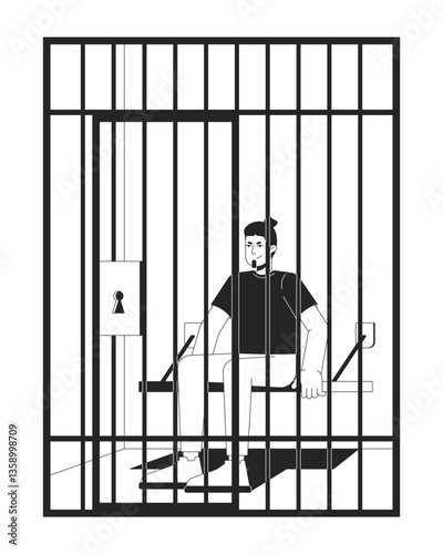Arrested suspect man sitting in jail cell behind bars 2D line character. Prison inmate, incarceration, detention. Prisoner bench isolated vector ink outline person. Monochromatic spot illustration