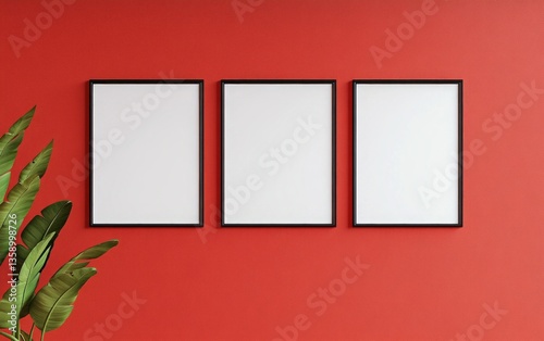 Three Empty Black Framed Pictures on a Vibrant Red Wall, Modern Interior Design Mockup