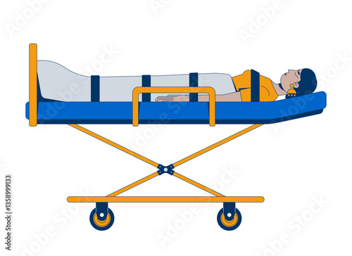 Indian woman patient lying on paramedic stretcher 2D cartoon character. Medical emergency. Hindu female injured transportation flat vector person isolated on white. Spot illustration colorful
