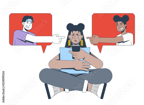 Cyberbullying and social pressure 2D illustration concept. Crying teen girl with phone, bullies in speech bubbles bullying online cartoon characters isolated on white. Flat abstract vector graphic
