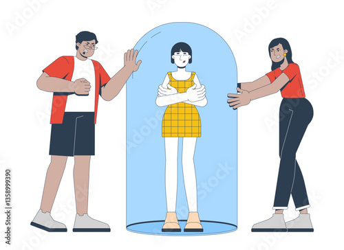 Healthy boundaries 2D illustration concept. Emotional resilience. Arms crossed woman standing inside dome, toxic people disrespecting cartoon characters isolated on white. Flat abstract vector graphic