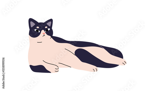 Lazy cat with dissatisfied muzzle has a rest. Tired cute kitty lying. Amusing kitten with discontent relaxes. Adorable sleepy pet lounges. Flat isolated vector illustration on white background.