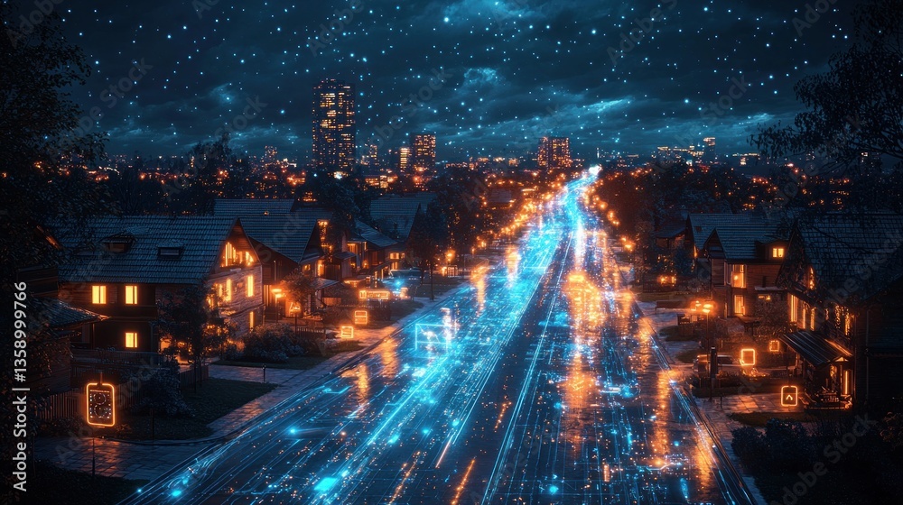 Naklejka premium Night cityscape with illuminated houses and a glowing digital highway.