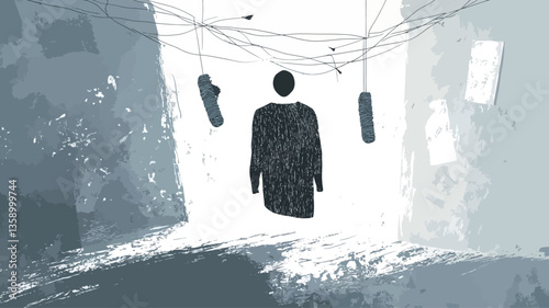 The image is a monochromatic, desaturated depiction of a simplified human figure silhouette seemingly hanging from a clothesline in a narrow alleyway. The alleyway walls are depicted with a