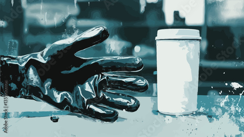 Close-up shot of a metallic, robotic hand reaching towards a white container. The image is predominantly composed of cold, blue and teal tones, creating a dark and moody atmosphere.  The texture of