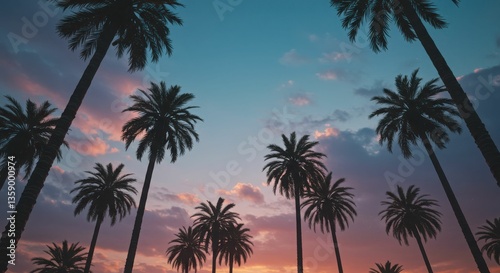 palm trees silhouetted against vibrant sunset sky  