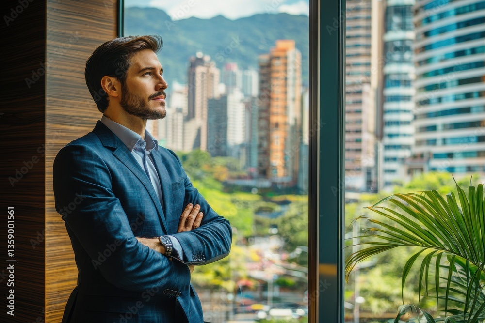 Fototapeta premium Successful young businessman standing by the window, gazing at the urban skyline and mountains in the distance, looking ambitious and determined about his future.