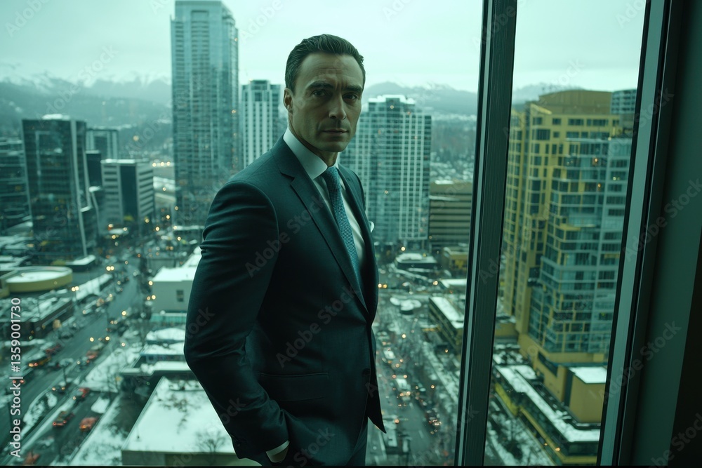 A distinguished businessman in a suit gazes out a window onto a bustling urban cityscape, contemplating future strategies and global opportunities with confidence. A distinguished businessman in a suit gazes out a window onto a bustling urban cityscape, contemplating future strategies and global opportunities with confidence.