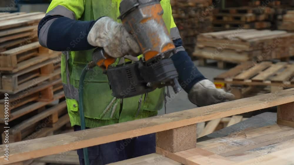 Worker assembling wooden pallets with a pneumatic nail gun in a recycling plant, showcasing efficient carpentry techniques Worker assembling wooden pallets with a pneumatic nail gun in a recycling plant, showcasing efficient carpentry techniques