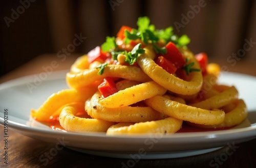 Potato with vegetables in wooden bowl. Potato with greens on setting table, close up	