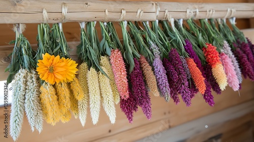 Colorful bouquets of various flowers hanging on a wooden structure