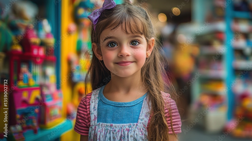 Fototapeta premium Charming young girl with bow standing before whimsical toy store display