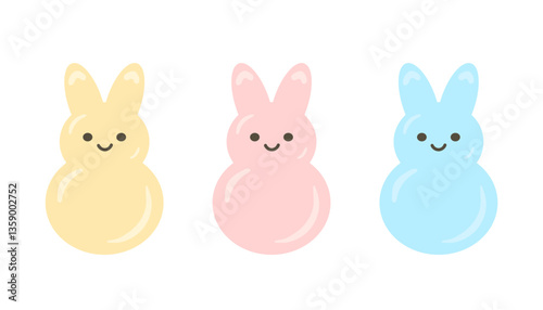 Marshmallow peeps, Easter bunnies different colors set. Small cute colorful rabbit candy. Collection sweet confectionery. Vector flat illustration