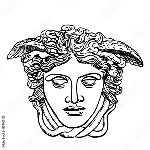Vector illustration of the Medusa Rondanini head, stylized line art. Classic mythological figure with detailed hair and wings