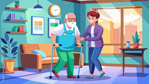 Young nurse helping elderly man walk in the room, holding his hand, supporting him. Treatment and rehabilitation after injury or stroke, life in assisted living facility, senior care