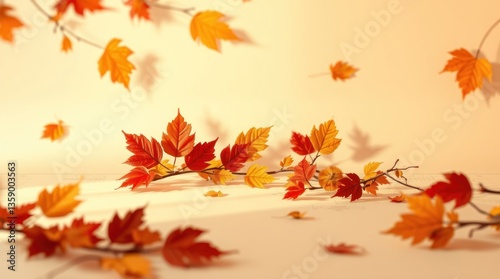 Falling autumn leaves in red and yellow on a branch