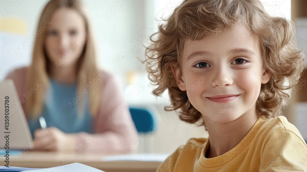 Cheerful Boy Sitting at Desk with Teacher in Classroom Setting Cheerful Boy Sitting at Desk with Teacher in Classroom Setting