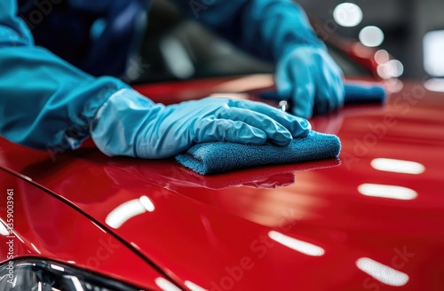 Detailing a red car hood.  Close-up view of gloved hands polishing a vibrant red car hood using a microfiber cloth
