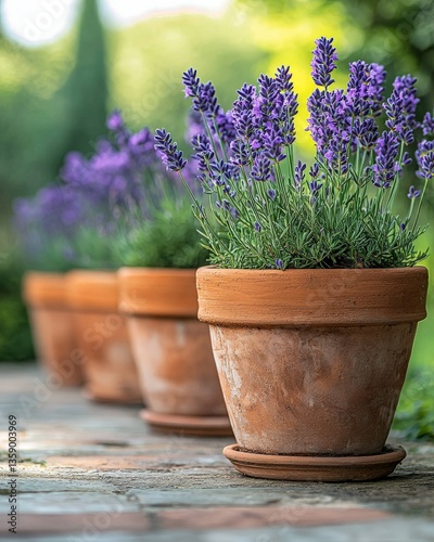 Fototapeta Naklejka Na Ścianę i Meble -  Terracotta pots filled with blooming lavender arranged on steps in front of home entrance with sunlight emphasizing rustic decor and floral color harmony in outdoor gardening image