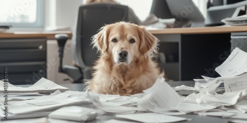 Calm dog in a chaotic office environment with papers everywhere