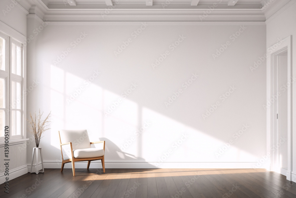 Fototapeta premium Bright interior of an empty room with white walls, wooden floor, and natural light streaming through a window onto a chair and vase with branches.