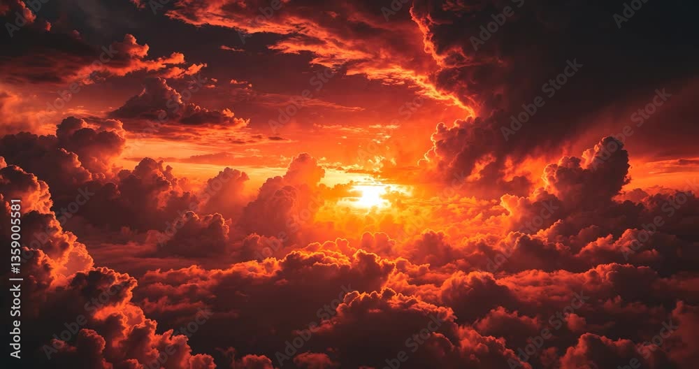 Dramatic black and fiery red sky with clouds. Fire, conflict, explosion, disaster, flame. Horror theme. Web banner. Expansive bloody red backdrop with design space. Panoramic.