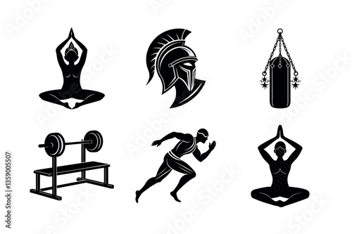 Yoga icon vector set illustration silhouette sign on white and black backgrounds depicts people in tree pose and other yoga art symbols