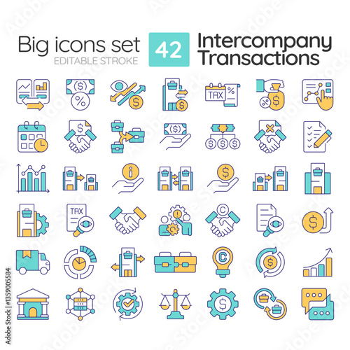 Intercompany transactions RGB color icons set. B2B finances transfers. Commercial activity solutions. Isolated vector illustrations. Simple filled line drawings collection. Editable stroke