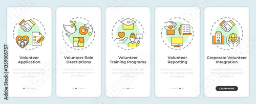 Volunteer program administration onboarding mobile app screen. Walkthrough 5 steps editable graphic instructions with linear concepts. UI, UX, GUI template. Montserrat SemiBold, Regular fonts used
