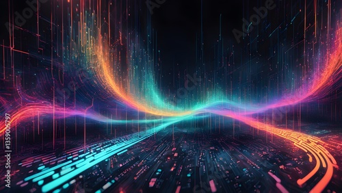 Abstract Digital Wavescape: Neon Cityscape Night