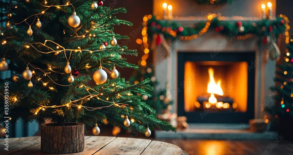 Christmas festive mock-up template and wooden board for products. Trendy wooden table beside a tree with lights and a glowing fireplace. Background with copy space.